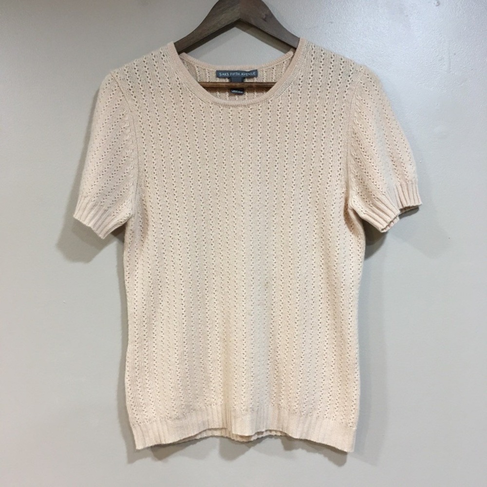 Saks Fifth Avenue 100% Cashmere Short Sleeve Sweater Womens L Beige Classic Soft